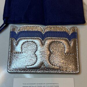 NWOT Tory Burch Scalloped-T Silver Metallic Leather Card Holder